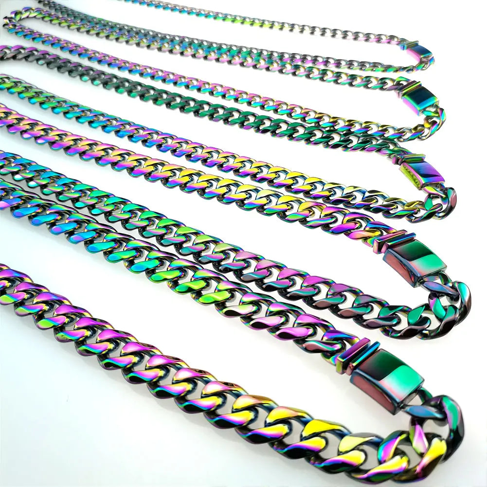 Nice Rainbow color  Mens Womens Cuban Link necklace Hip Hop Stainless Steel Chain Curb  9-16mm band width;18inch-30inch