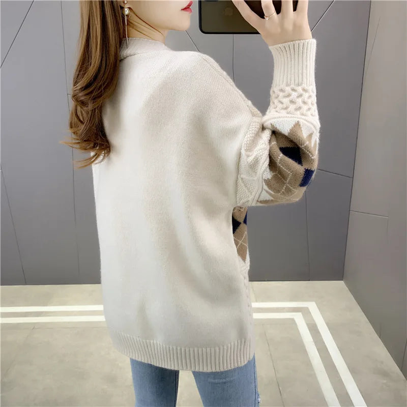 Women's Korean Style V-Neck Cable Knit Oversized Loose Sweater Coat Custom Fit with Front Logo Long Sleeve