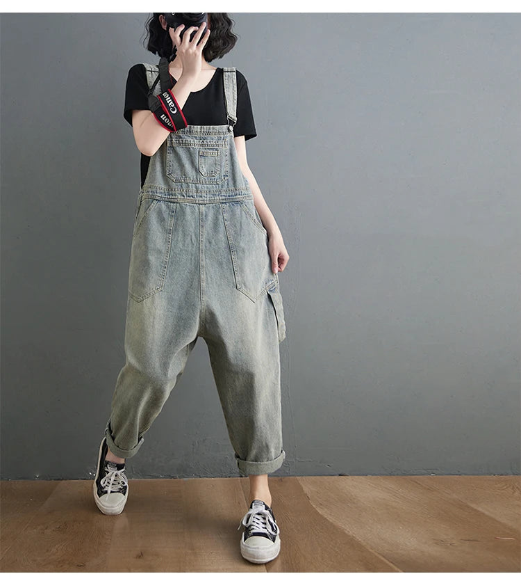 Boyfriend Loose Jeans Overalls For Women Casual Plus Size Wide Leg Denim Jumpsuit Straps Baggy Cargo Pants Big Pockets Dungarees