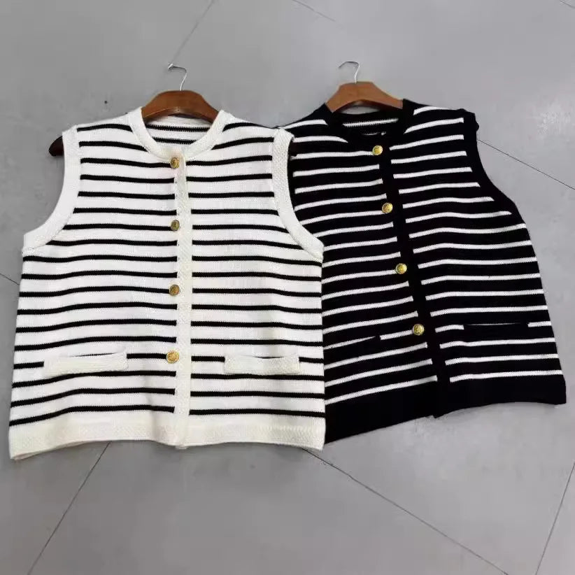 Women's Casual V-Neck Sleeveless Striped Knitted Vest Sweater Chic Single Breasted Cardigan Top New Fashion