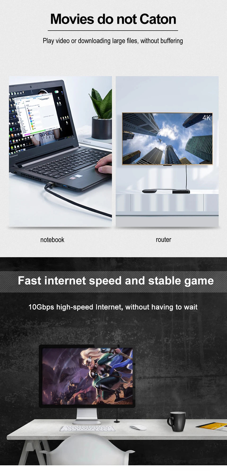 High-Speed RJ45 Ethernet Network Cable CAT8/CAT7 40Gbps 2000MHz PVC LAN Cable for Laptop Router - Internet Data Transfer