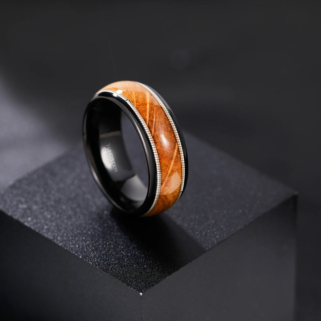 OAHLAN Fashion Male Jewelry 8mm Dual Silver Guitar String and Barrel Wood Tungsten Carbide Rings for Men Wedding Engagement
