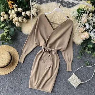 Autumn Winter Women Knitted Sweater Dress Korean Long Batwing Sleeve V Neck Elegant Dress Ladies Bandage Dresses