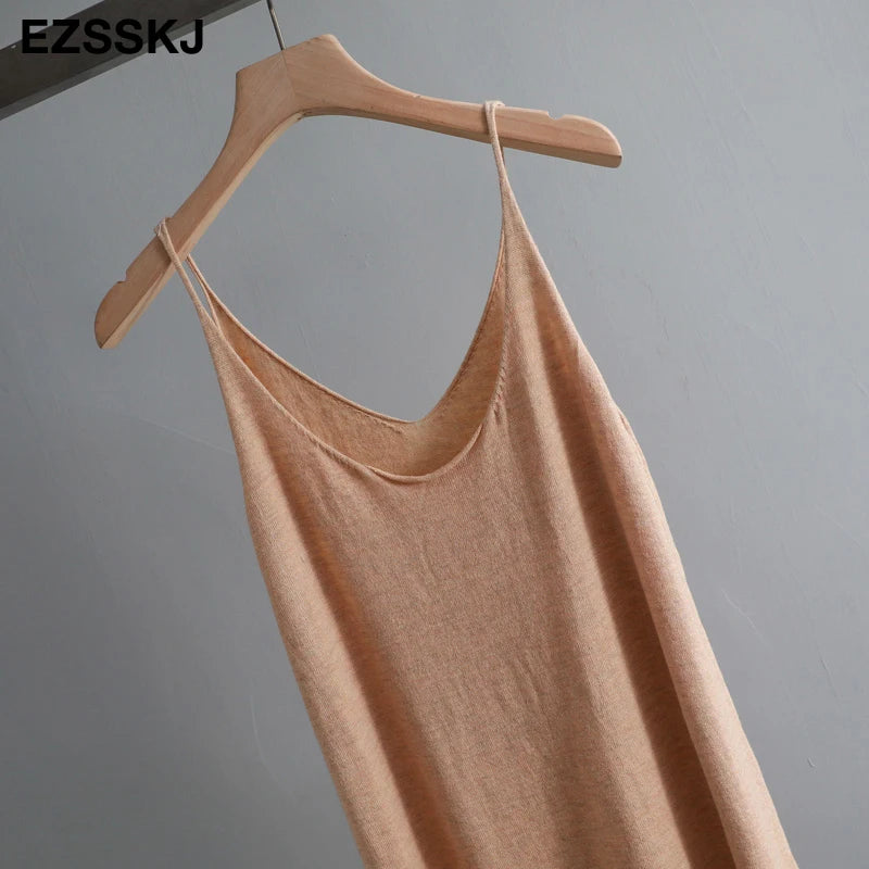 Ezsskj Spring summer 2020 Woman Knitted Tank Dress Casual Long Camisole Vest dress Women Loose  cashmere maix a-line dress