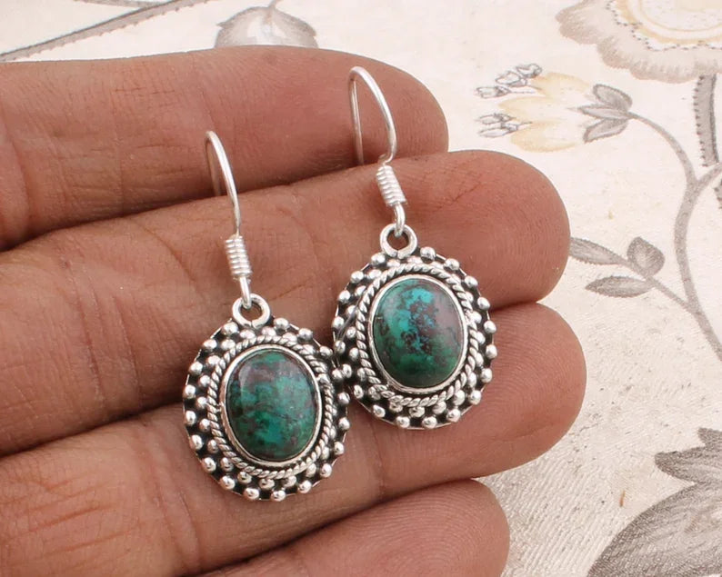 Vintage Men's Women's 925 Sterling Silver Hoop Earrings with Green Bloodstone Gemstones Alternative Gift for Easter or Birthdays