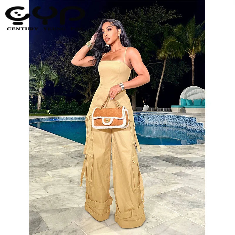 Women's Summer Sleeveless Jumpsuit with Wide Leg Multi-Pocket Strap Wrap Chest Design Breathable Casual Style for Parties