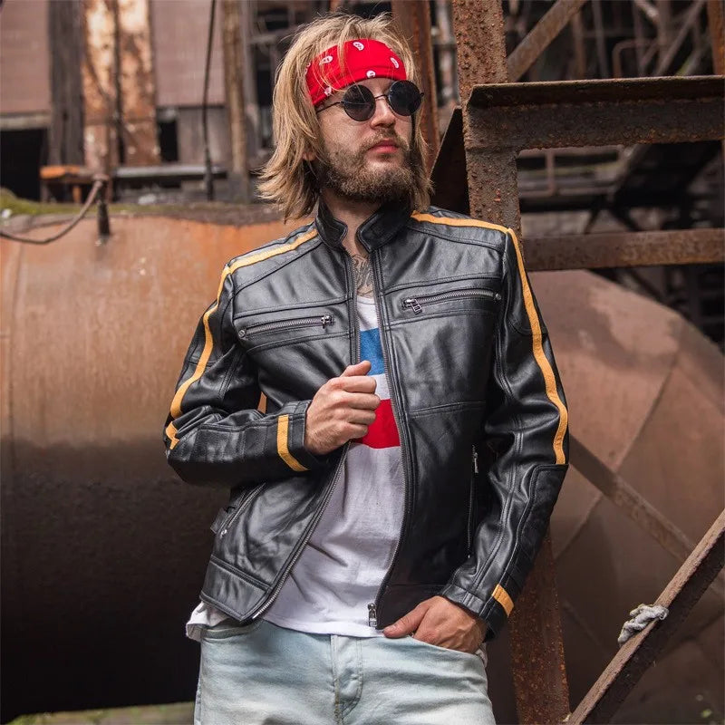 Fashion Mens Slim Fit Sheepskin Motorcycle Biker Jacket Side Striped Short Stand Collar Windproof Coats Genuine Leather Jacket