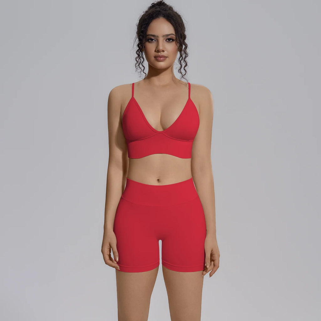 New Summer Sexy Naked Feeling Yoga Shorts Set Women 2 Piece Sport Bra Biker Shorts Workout Gym Activewear