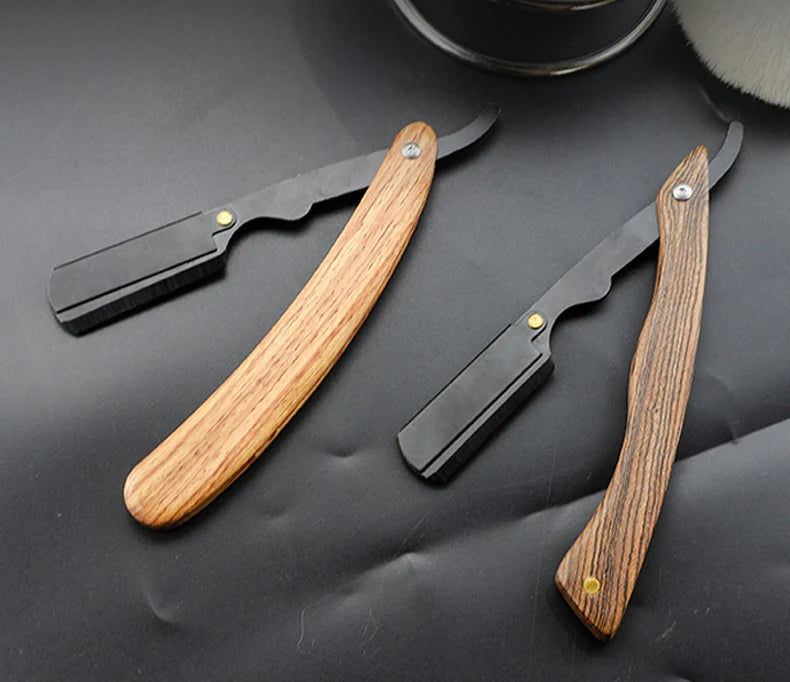 wooden trimmer manual shaver professional straight edge stainless steel sharp barber razor folding shaving blade shave beard cut