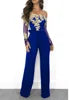OEM ODM Women Clothing Elegant Overalls Off Shoulder Slash Neck Embroidery Lace Office Casual Jumpsuit