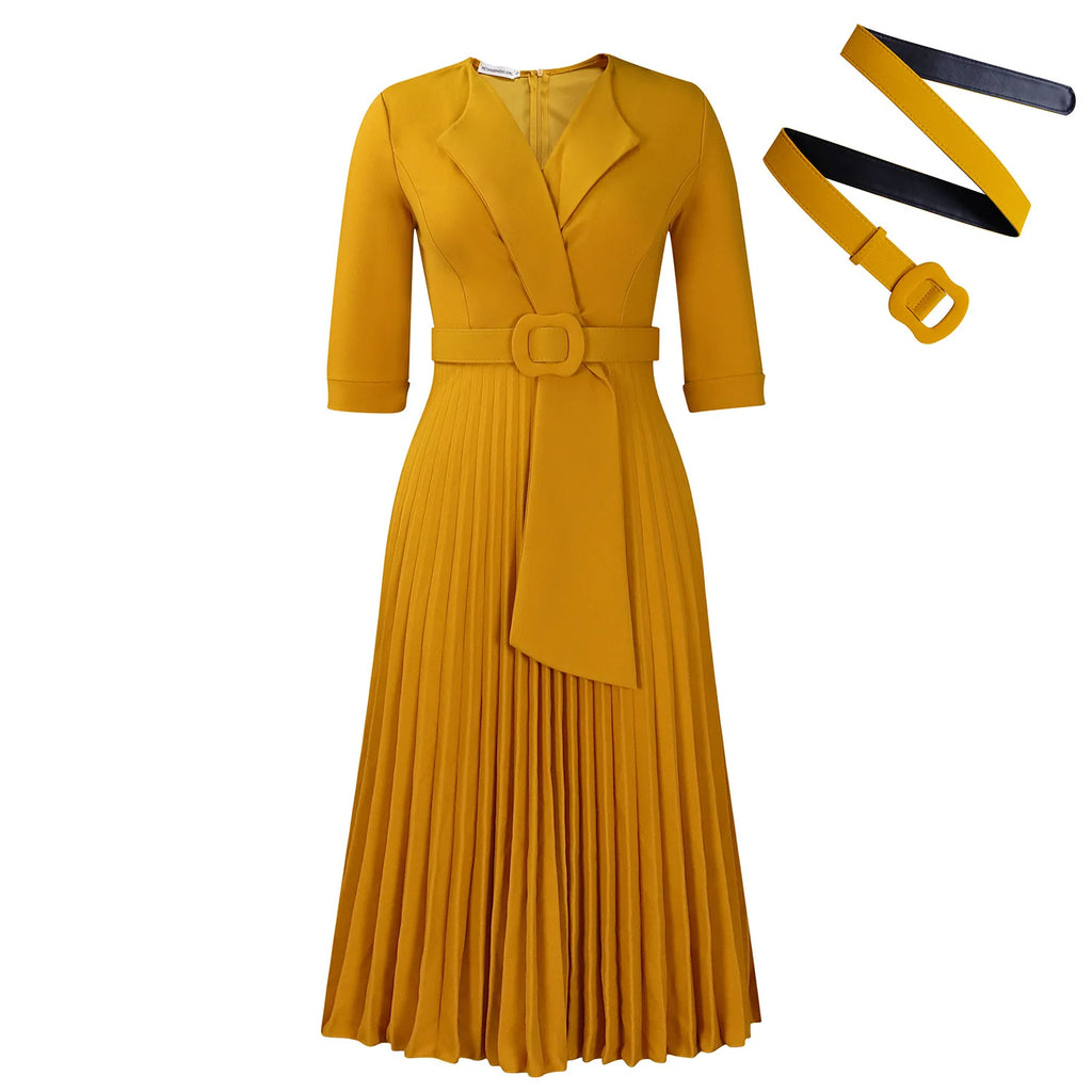 Trendy Autumn Office Lady Dresses Women Casual Elegant Suit Collar Half Sleeve Pleated African Career Dresses for Women