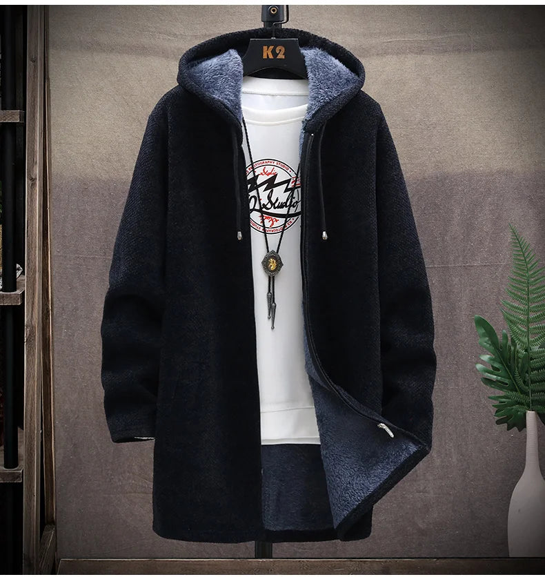 Mens Long Knit Cardigan Autumn Winter Sweater Coat Fleece Heavy Hooded Trench Coat Solid Chenille Men's Fashion Jacket