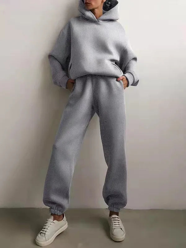 Women's Tracksuit Suit Winter Fashion Warm Hoodie Sweatshirts Two Pieces Oversized Solid Casual Hoody Pullovers Long Pant Sets