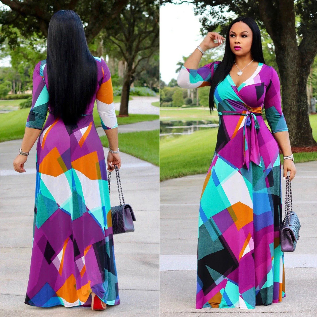 Autumn Fashion Plaid Printed Long Swing Dress Vintage Style Sexy Deep V Quarter Sleeve Boho Maxi Dress ESMR8834