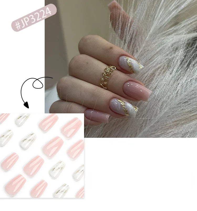 24 Pcs Pink and White Ombre with Gold Glitter Accent Nail Design Acrylic Press on Nails Artificial Fingernails False Nails 3224