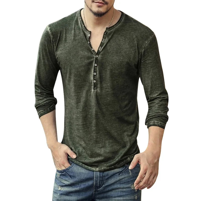 Men Tee Shirt V-neck Long Sleeve Tee&Tops Stylish Buttons T-shirt 2026 Autumn Casual Henley shirt Solid Male Clothing 5XL