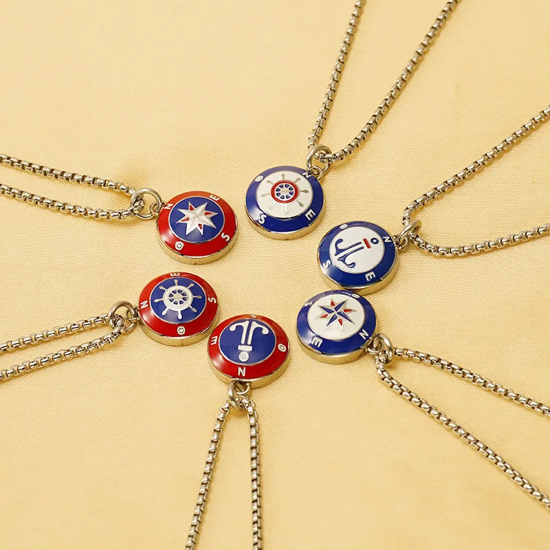 Personality Couple Necklace Ins Style Stainless Steel Compass Nautical Boat Anchor Pendant Men's and Women's Sweater Chain
