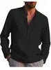 Men's Cotton Linen Casual Long Sleeve T-Shirt Plus Size Stand Collar Streetwear for Autumn Vacation & Fishing Pocket Detail