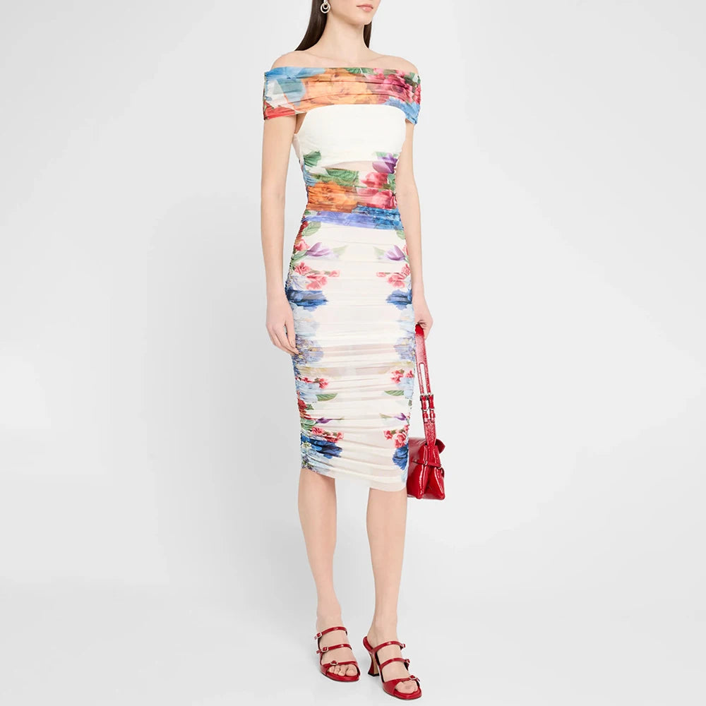 Women's 2 Pieces Floral Print Off Shoulder Dress Ruched Bodycon Midi with Colorful Flower Pattern Elegant  Party