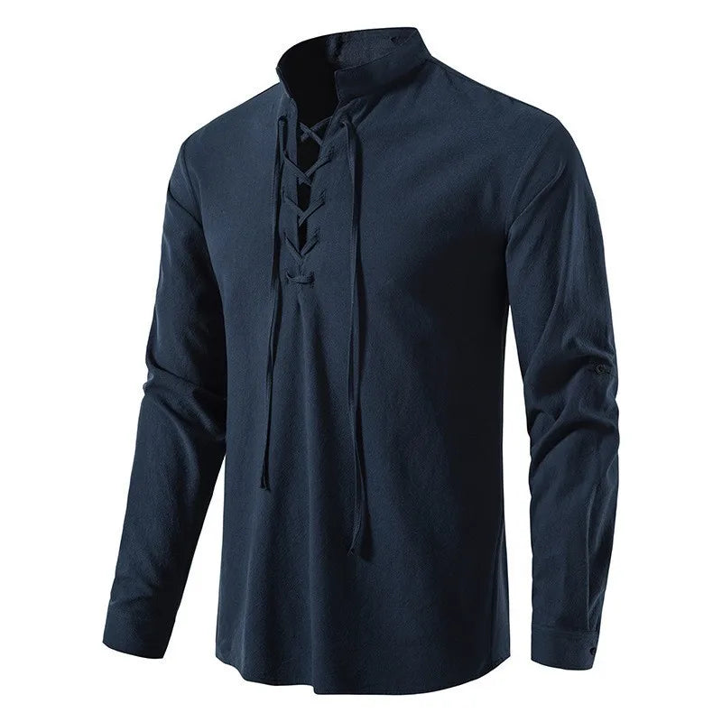 Men's Retro Hippie Beach T Shirt-Summer Casual Short Sleeve Tops Breathable Twill Cotton Linen Stand Collar Henry Drawstring