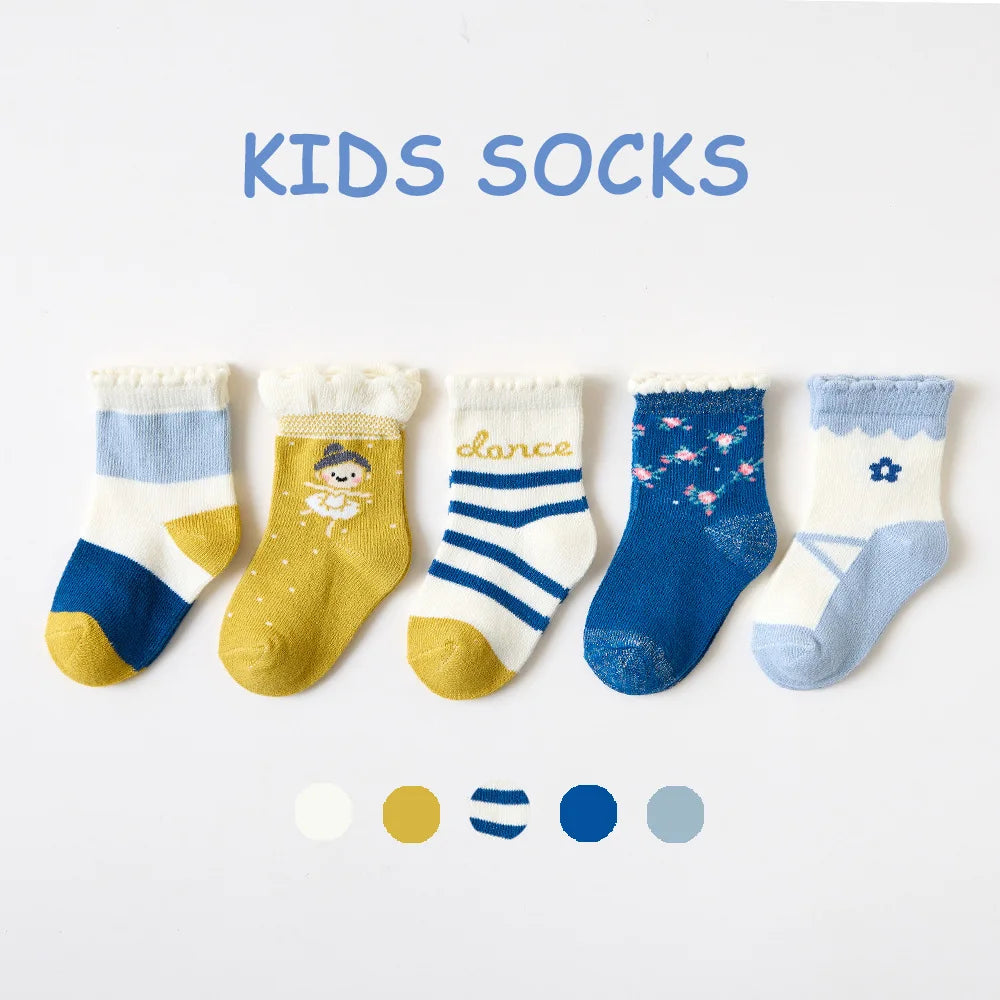 5 Pairs/Lot Toddler Socks Newborn Baby Soft Prewalker Spring Cotton Girl Kids Autumn Infant Cartoon Striped Print Sock 0-12Y