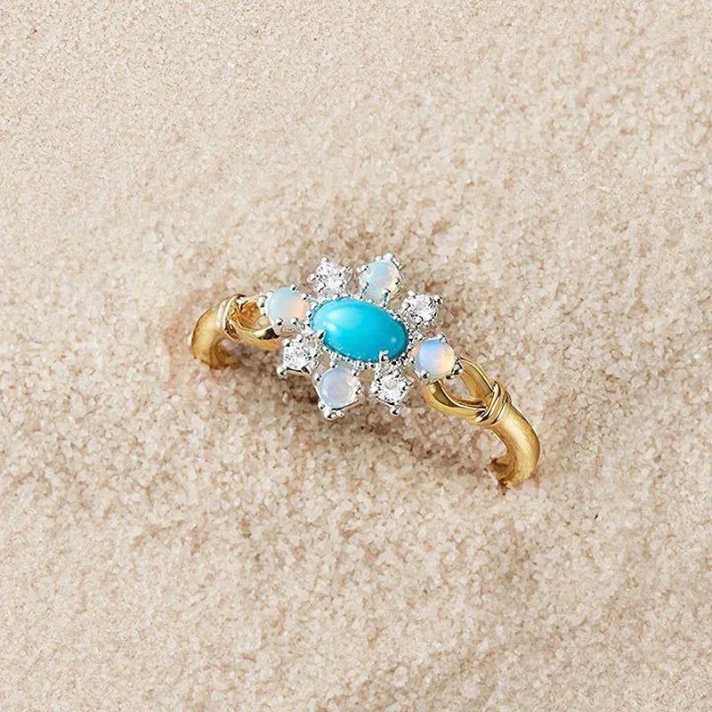 Vintage Gemstone Rings for Women Natural Opal Topaz Turquoise Ring 925 Sterling Silver Gold Plated Luxury Jewelry LAMOON