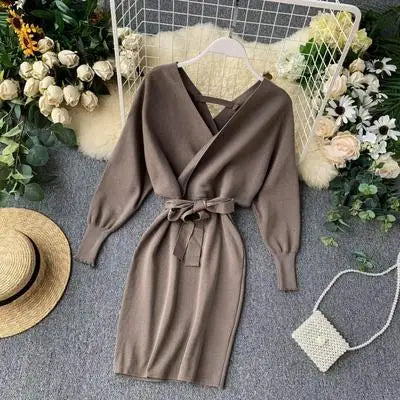 Autumn Winter Women Knitted Sweater Dress Korean Long Batwing Sleeve V Neck Elegant Dress Ladies Bandage Dresses