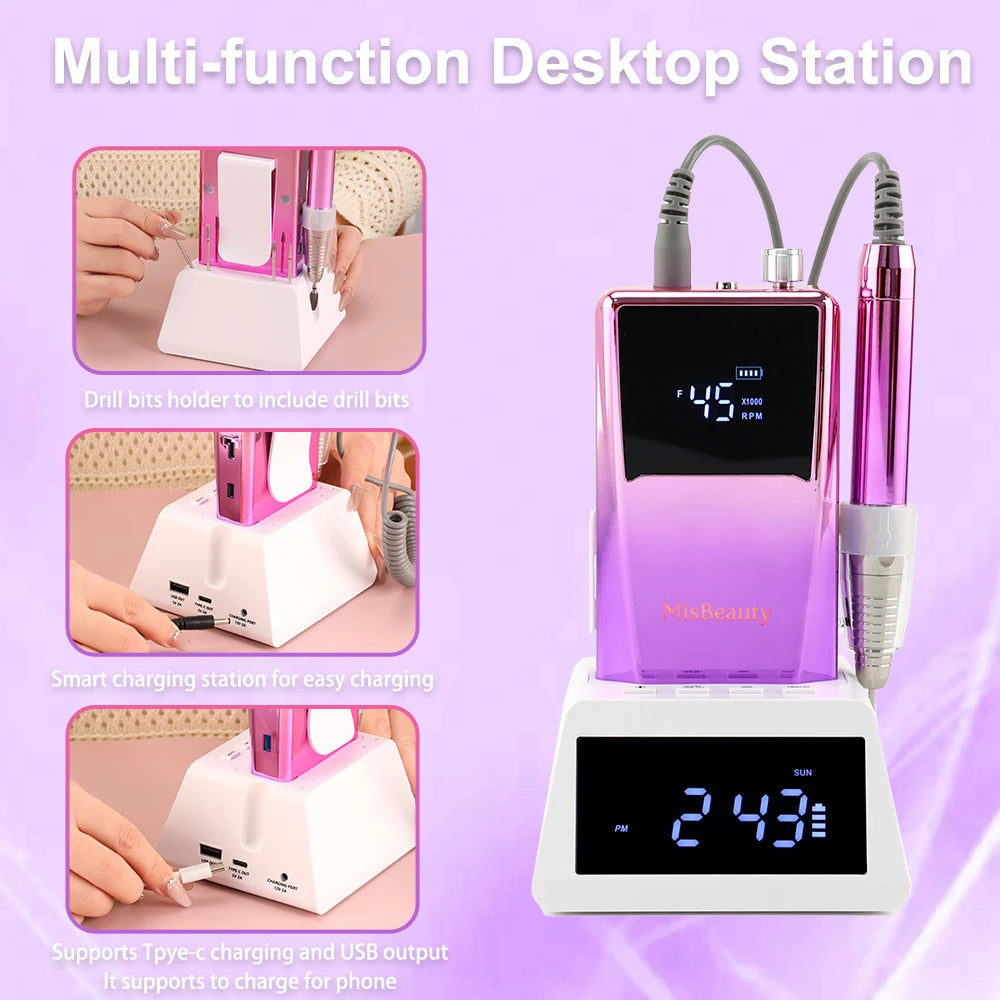 High Quality 45000 RPM Professional Pedicure Tool 85W Desktop Electric Nail Drill Machine Brushless Motor Portable E File