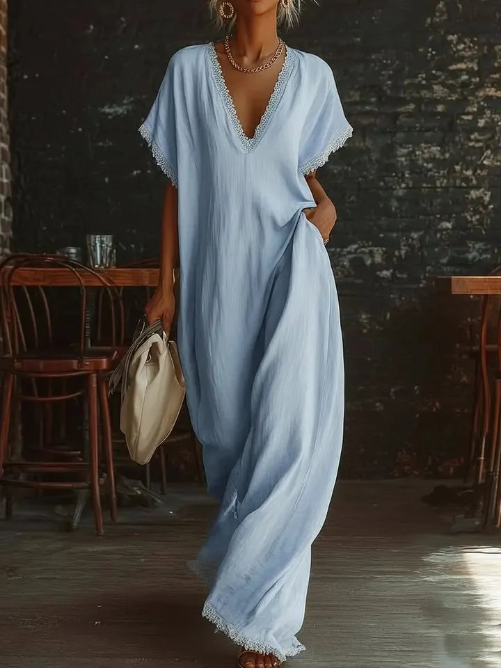 Casual Maxi Dress Women Polyester V Neck Short Sleeve with Ruffle Trim Vacation Daily Wear Flowy Fast Delivery