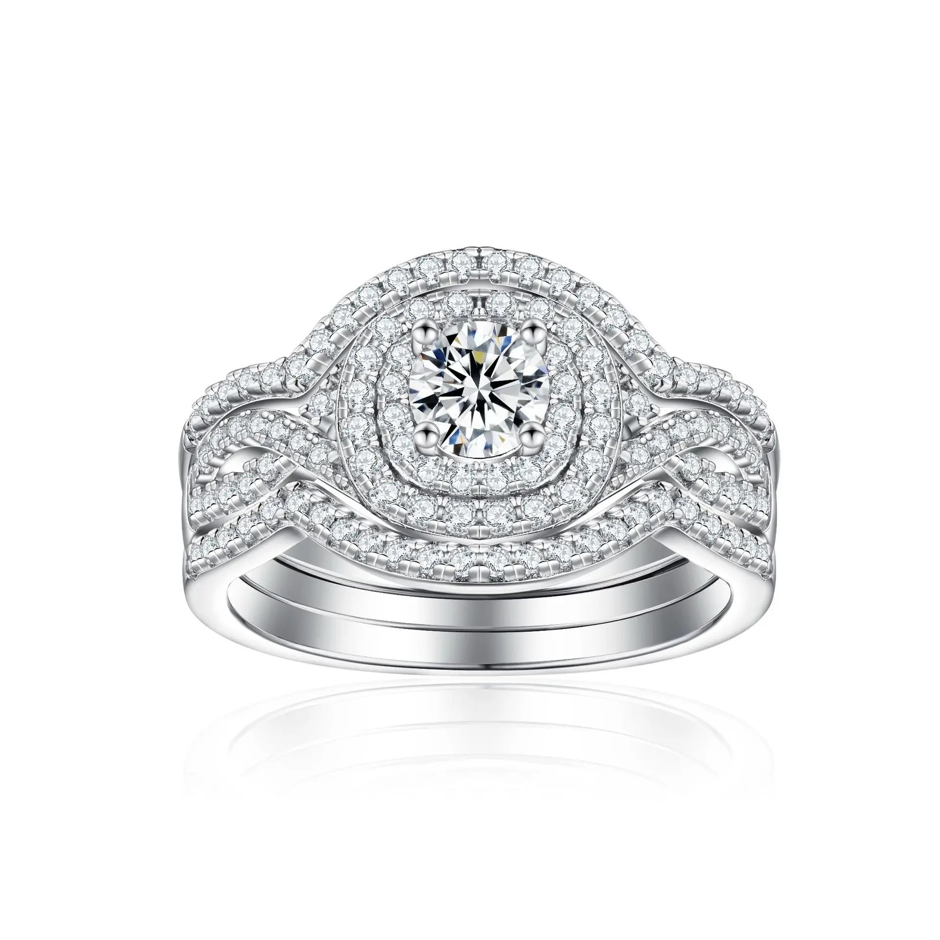 Wedding Ring Set Three-Piece Heart Pattern Engagement Jewelry Women's S925 Sterling Silver Rings