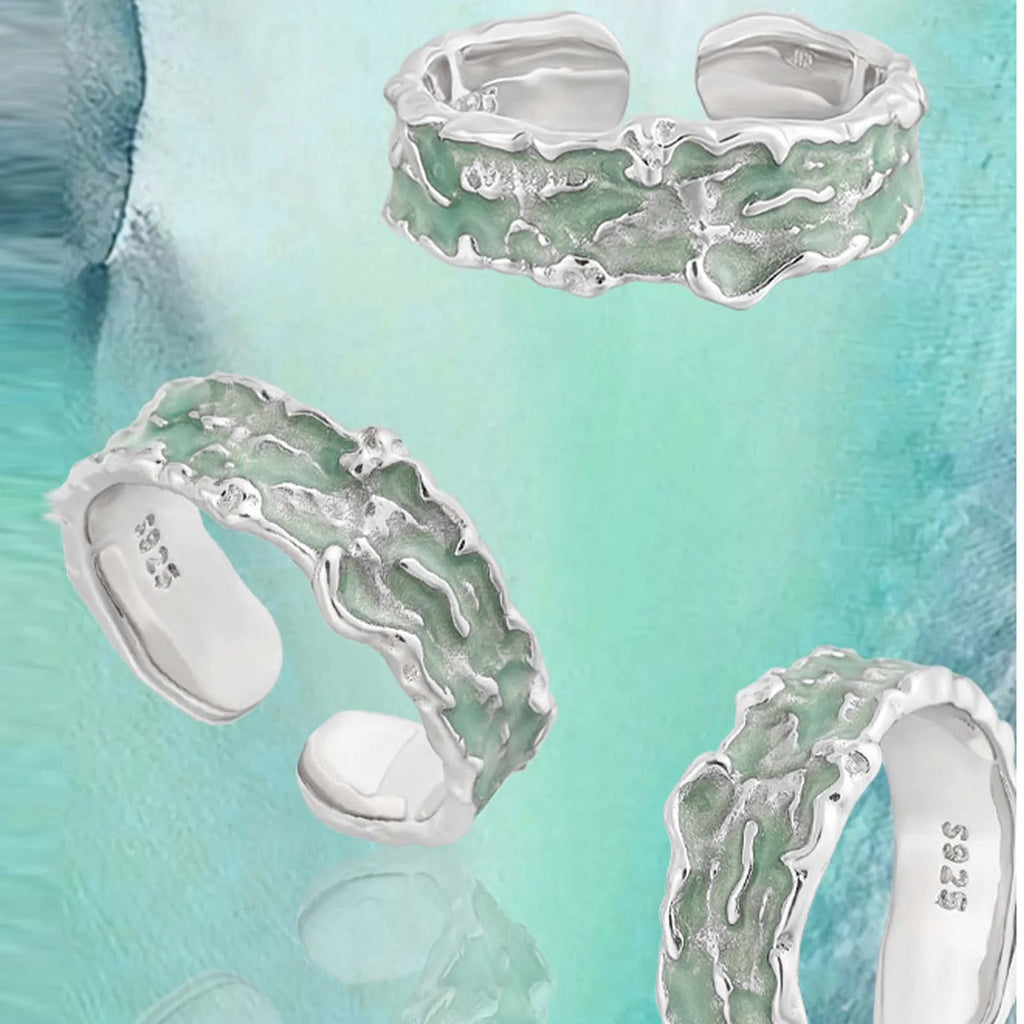 FUAMAY Fashion Designer 925 Sterling Silver Wide Ring Irregular Grain Mint Green  Enameled Rings