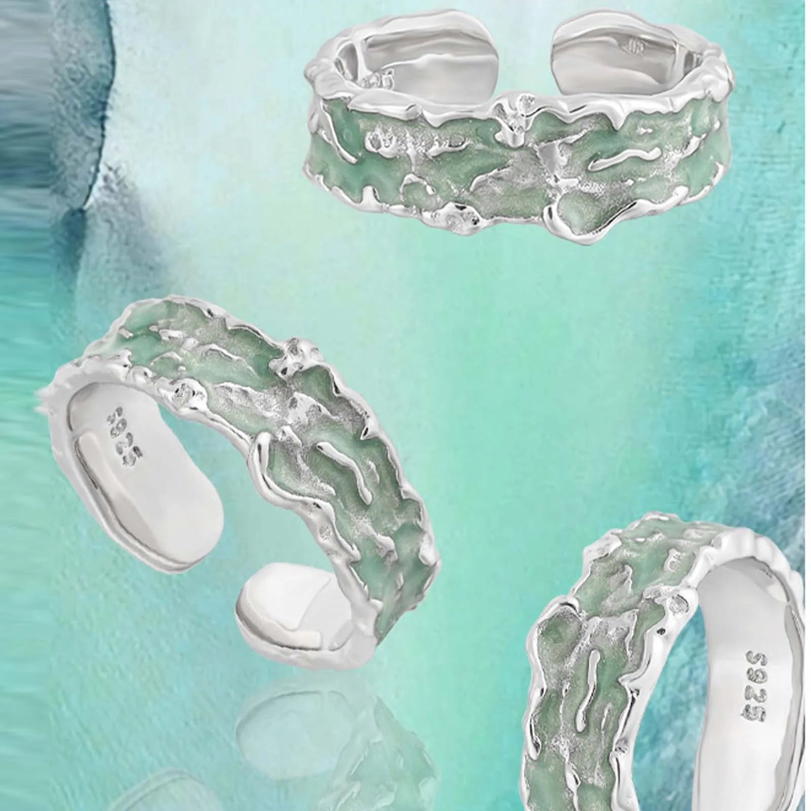 FUAMAY Fashion Designer 925 Sterling Silver Wide Ring Irregular Grain Mint Green  Enameled Rings