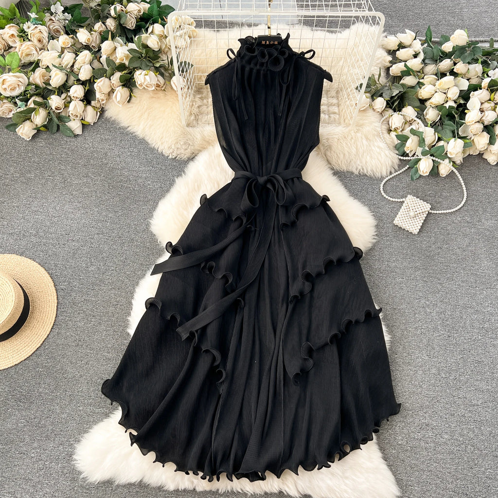 LE2509 Exquisite Chiffon Midi Pleated Dress Lady Elegant Lotus Collar Evening Gown Lady Boutique Socialite Holiday Banquet Dress
