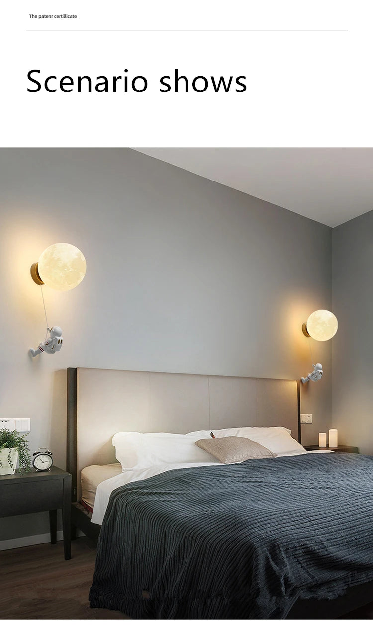 Lunar Wall Lamp Nordic Creative Astronaut Children's Room Lamp Bedroom Bedside Lamp Cartoon Boy Girl Background Wall Lamp