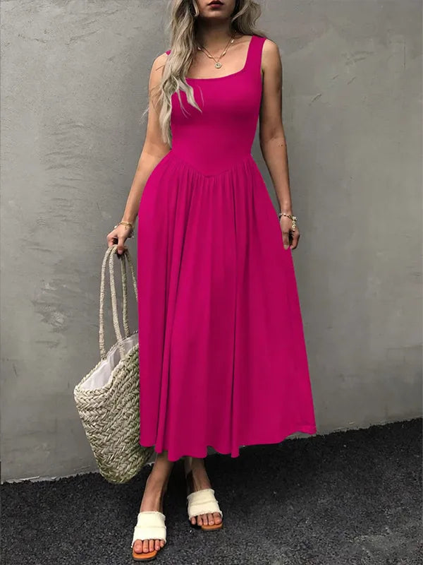 2025 Summer Women Tie Dye Midi Dress Square Neck Sleeveless Pleated Casual Beach Party Outfit