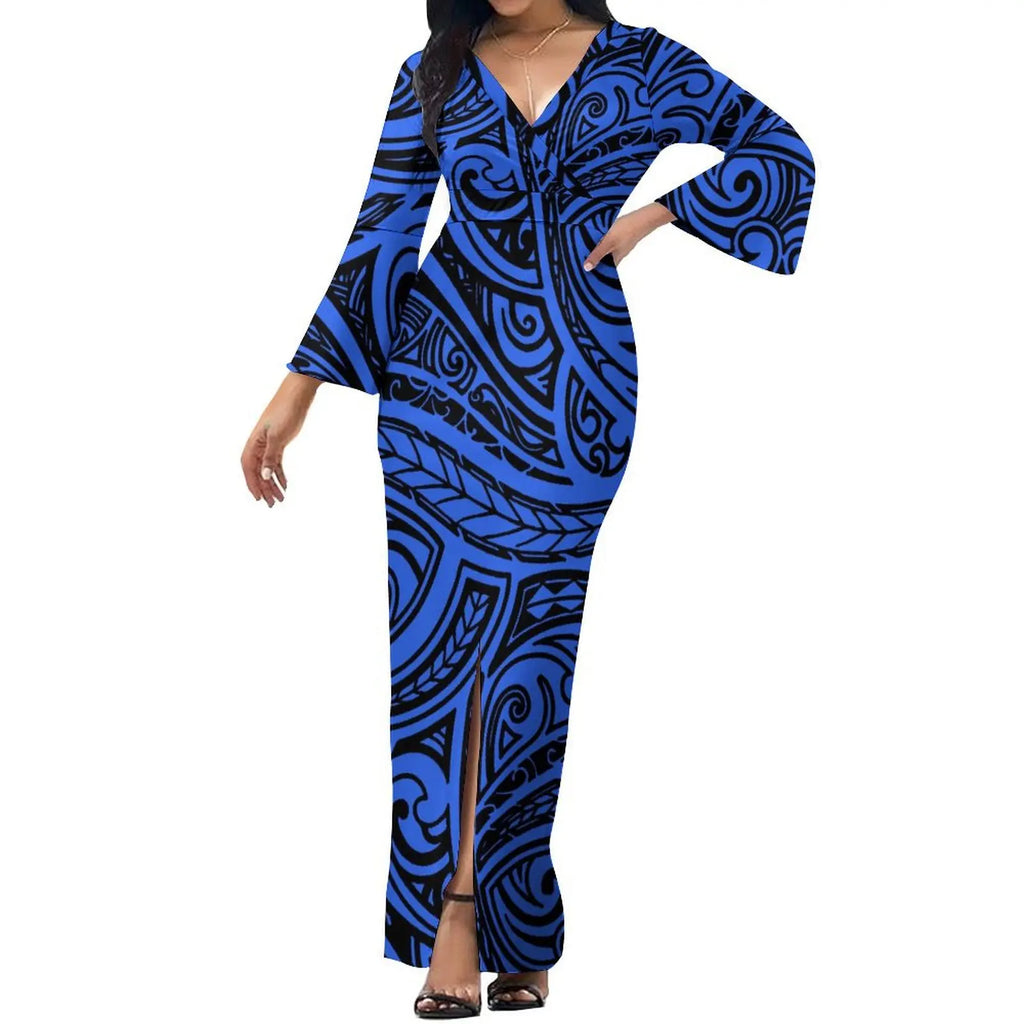 Hot Selling Flower Polynesian Tribal Bell Sleeve V Neck Long Maxi Slit Dress Custom Plus Size Womens Dresses Island Style Dress