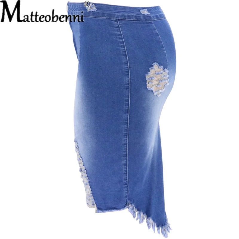 New Summer Sexy Ripped Denim Skirt Women Fashion Hollow Out Casual Hole Tassel Mini Skirt Irregular Basic Pocket Jeans Skirt