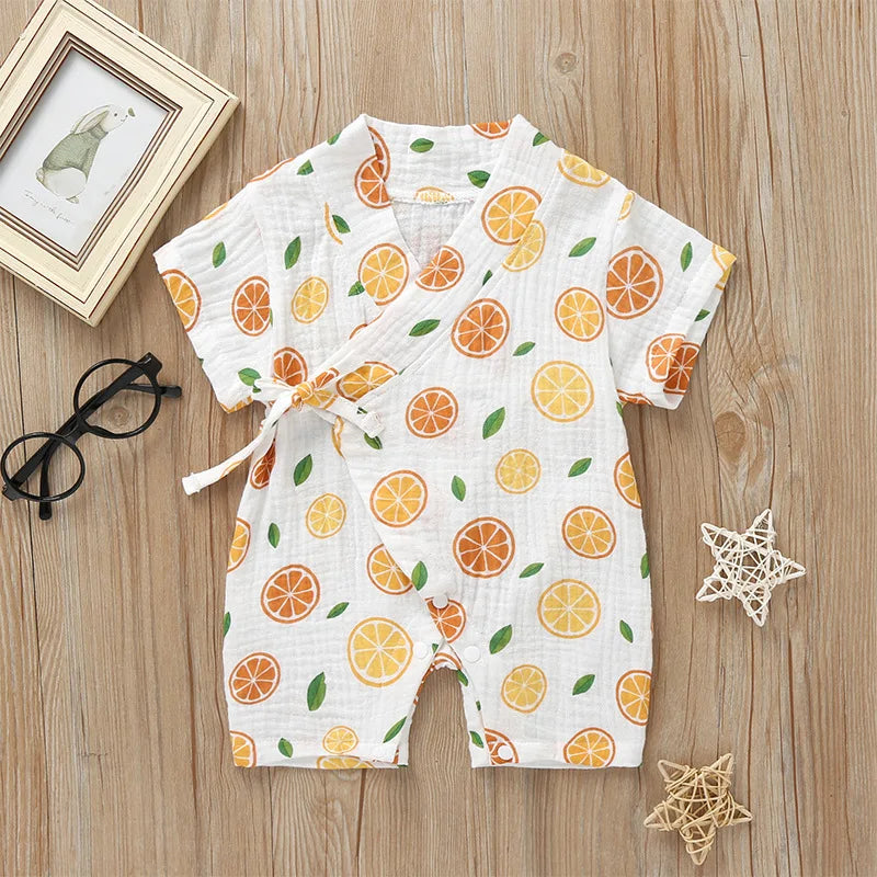 0-18M Summer Baby Girl Boys Clothing  Rompers Jumpsuit Short-sleeved Floral Print  Cute Soft Newborn Infant Baby Kimono Playwear