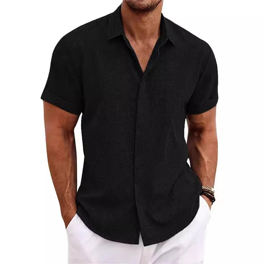 Men's Lapel Cotton Hemp Cardigan Short Sleeve High Quality Solid Color Shirt Summer Home Short Sleeve Sehe Fashion