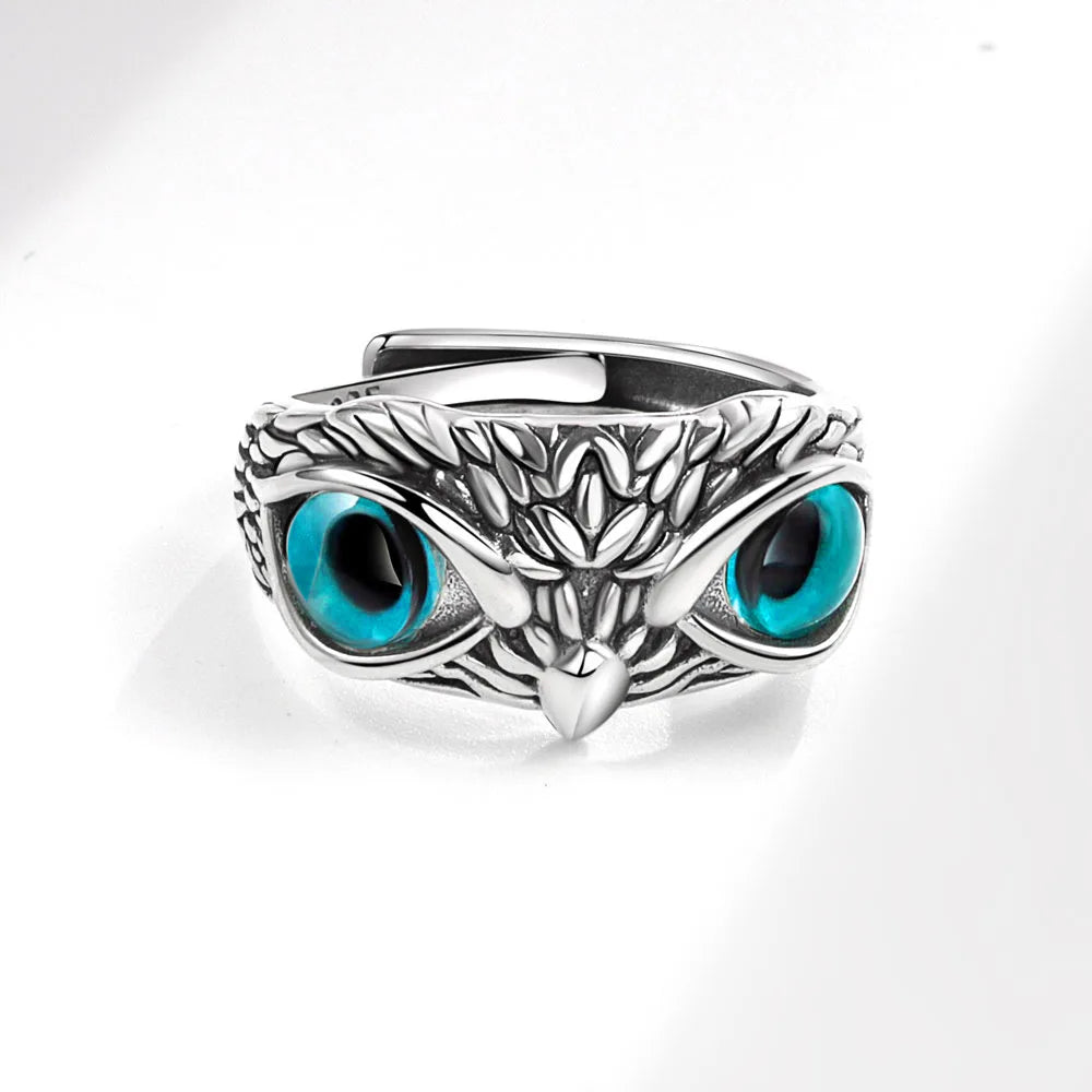 New Design Jewelry Fine Jewelry 925 Silver Finger Rings Open Adjustable Vintage Animal Evil Blue Eye Owl Rings for Women Men