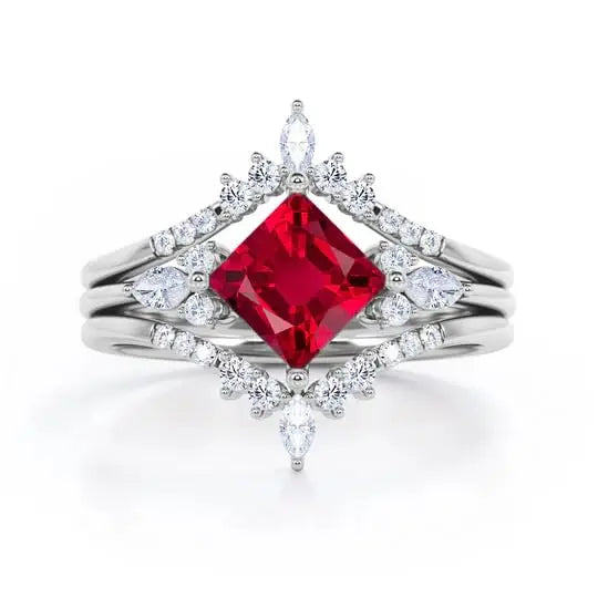 925 Sterling Silver 18K Gold Plated Princess Cut Lab Created Ruby Classic Solitaire Double Crown Engagement Ring for Party