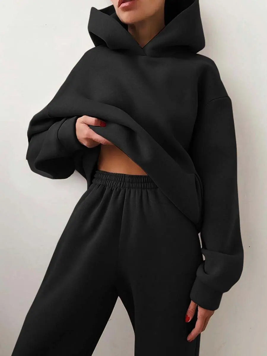 Women's Tracksuit Suit Winter Fashion Warm Hoodie Sweatshirts Two Pieces Oversized Solid Casual Hoody Pullovers Long Pant Sets
