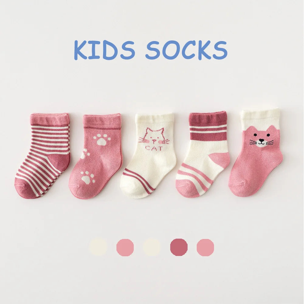 5 Pairs/Lot Toddler Socks Newborn Baby Soft Prewalker Spring Cotton Girl Kids Autumn Infant Cartoon Striped Print Sock 0-12Y