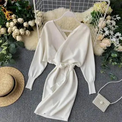 Autumn Winter Women Knitted Sweater Dress Korean Long Batwing Sleeve V Neck Elegant Dress Ladies Bandage Dresses