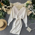 Autumn Winter Women Knitted Sweater Dress Korean Long Batwing Sleeve V Neck Elegant Dress Ladies Bandage Dresses
