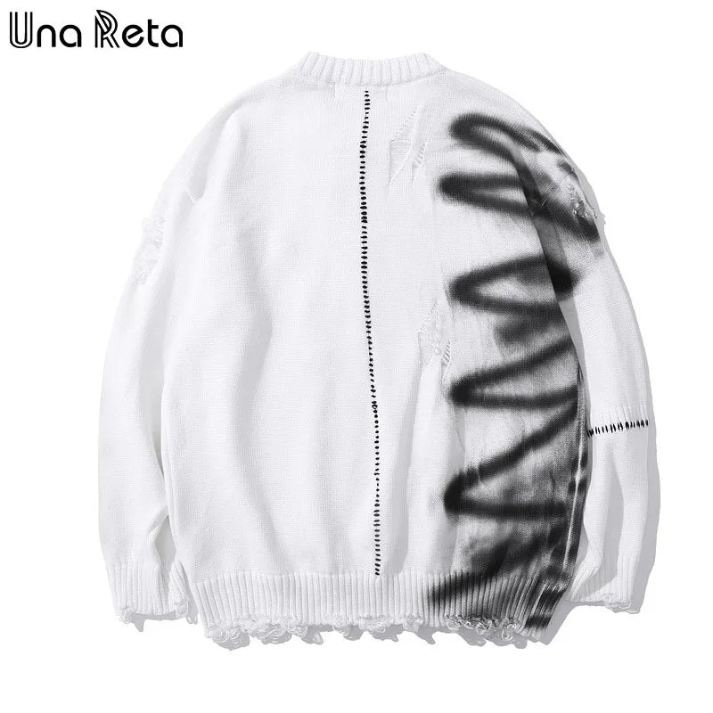 Una Reta Graffiti Sweater Men New Autumn Streetwear Men's Clothes Hip Hop Pullover Men Hole Oversize Couple Sweater