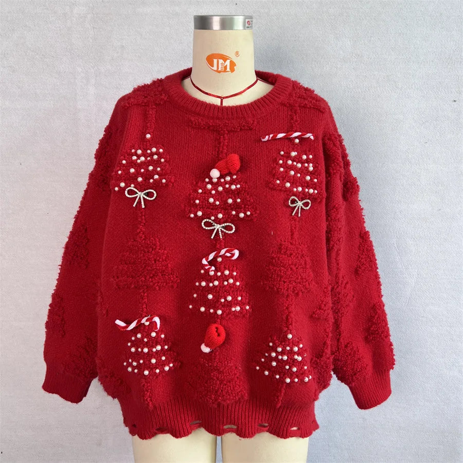 Handmade Pearl Diamond Trims Christmas Sweater Plush New Year Red Pullover Sweaters for Women Towel Embroidery