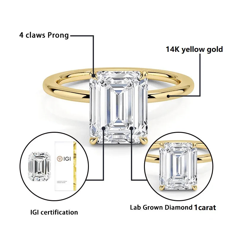 Starsgem 1CT DEF VS VVS Emerald Cut 10k 14k 18k White Rose Yellow Gold Lab Diamonds Jewelry Rings