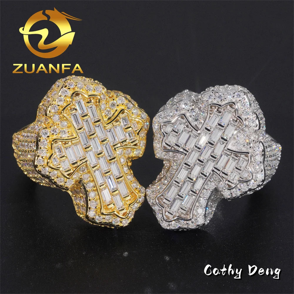 Hot Sale Instock  Iced Out Cross Moissanite Diamond Rings 925 Sterling Silver Hip Hop Ring Pass Diamond Tester Men Cuban Ring
