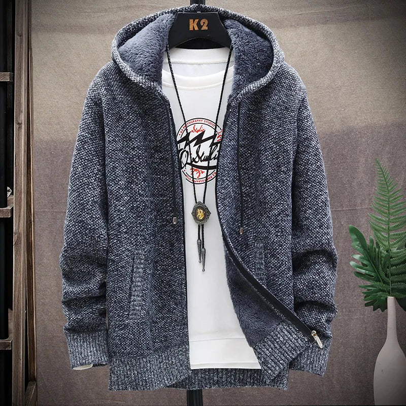Autumn Winter Men's Sweaters Hooded Knit Cardigan Korean Sweaters Jacket Fleece Lined Hoodies Windbreaker Coat